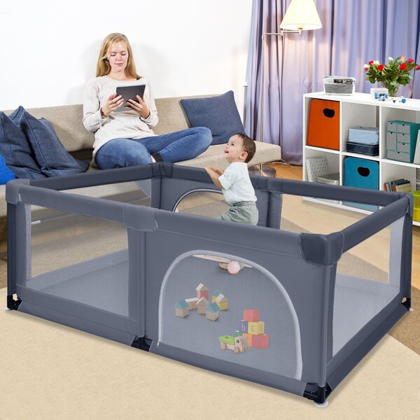 Costway Box portatile sicuro per bambini, Centro attività con cancello rete traspirante e cerniera durevole Grigio scuro