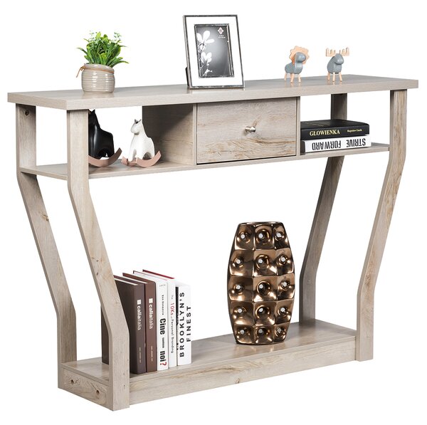 Costway Tavolo con cassetto e 3 ripiani da studio e ufficio, Consolle per ingresso e salone multiuso 120x30x81cm Grigio