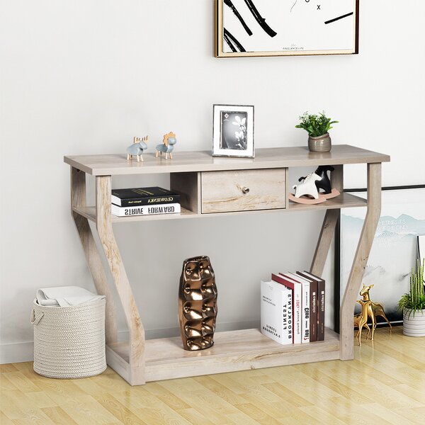 Costway Tavolo con cassetto e 3 ripiani da studio e ufficio, Consolle per ingresso e salone multiuso 120x30x81cm Grigio