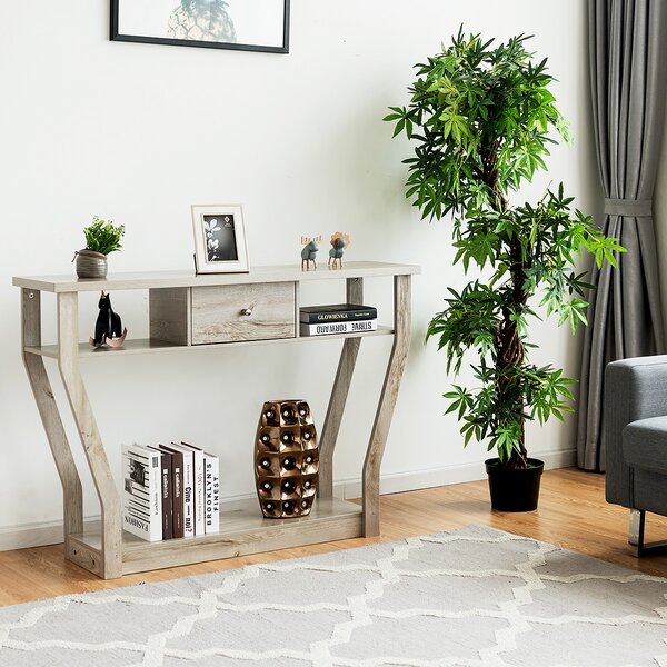 Costway Tavolo con cassetto e 3 ripiani da studio e ufficio, Consolle per ingresso e salone multiuso 120x30x81cm Grigio