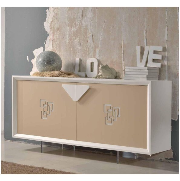 MOBILI 2G - CREDENZA FRASSINO LACCATO BIANCO PORO APERTO 2 PORTE CON PIEDI IN PLEXIGLASS L.180 P.50 H.90