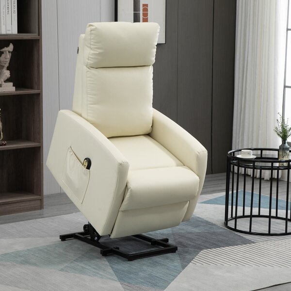 HOMCOM Poltrona Alzapersona con Telecomando, Schienale Reclinabile a 145° e Poggiapiedi in Similpelle, 67x95x105 cm, Color Crema | Aosom Italy