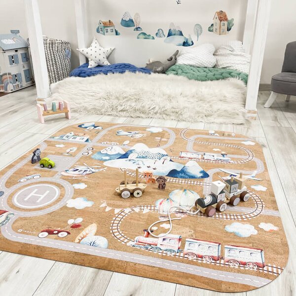 Tappeto da gioco in sughero per bambini con una strada, macchine e un nome