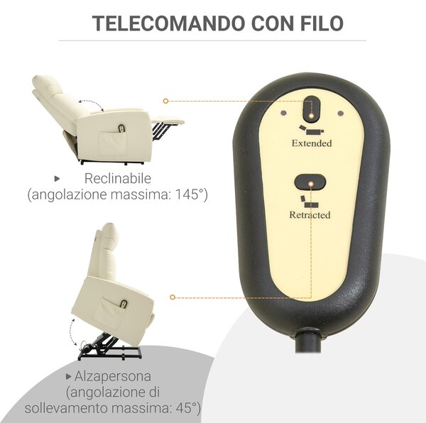 HOMCOM Poltrona Alzapersona con Telecomando, Schienale Reclinabile a 145° e Poggiapiedi in Similpelle, 67x95x105 cm, Color Crema | Aosom Italy