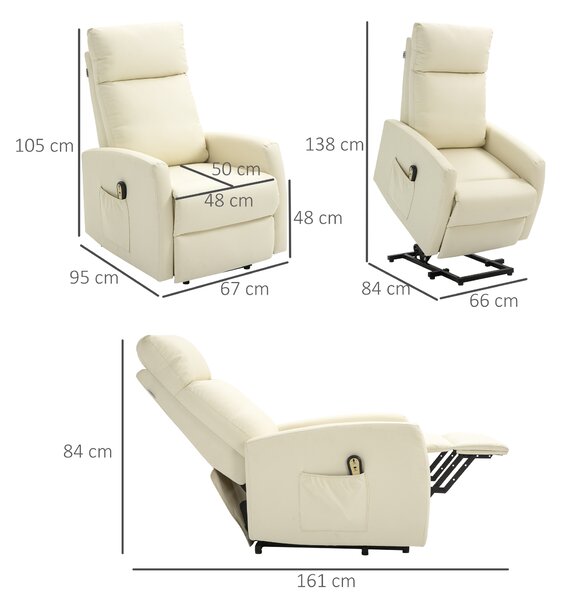 HOMCOM Poltrona Alzapersona con Telecomando, Schienale Reclinabile a 145° e Poggiapiedi in Similpelle, 67x95x105 cm, Color Crema | Aosom Italy