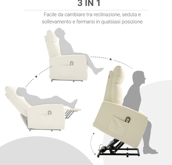 HOMCOM Poltrona Alzapersona con Telecomando, Schienale Reclinabile a 145° e Poggiapiedi in Similpelle, 67x95x105 cm, Color Crema | Aosom Italy