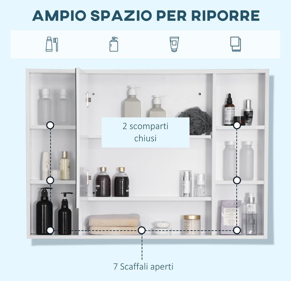 Kleankin Specchiera Bagno con Mensole Aperte e Armadietto con Anta Specchiata, Mobiletto Bagno Salvaspazio Bianco, 100x15x70cm|Aosom