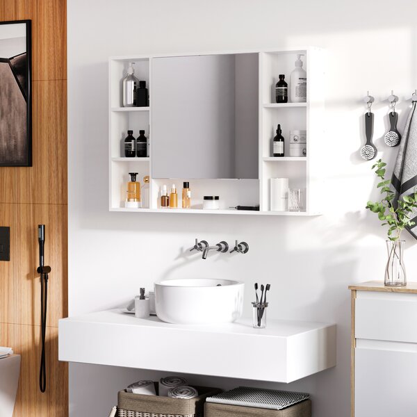Kleankin Specchiera Bagno con Mensole Aperte e Armadietto con Anta Specchiata, Mobiletto Bagno Salvaspazio Bianco, 100x15x70cm|Aosom