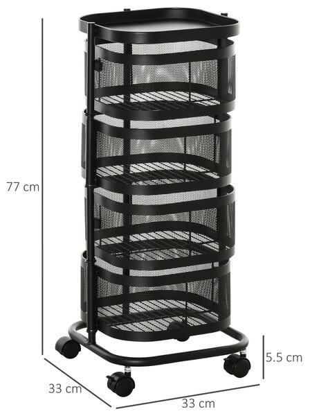 HOMCOM Carrello Portavivande con 4 Cestelli in Rete, Piano d'Appoggio e Ruote Girevoli, in Acciaio e Plastica PP, 33x33x77cm, Nero|Aosom