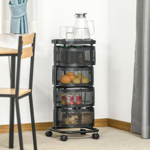 HOMCOM Carrello Portavivande con 4 Cestelli in Rete, Piano d'Appoggio e Ruote Girevoli, in Acciaio e Plastica PP, 33x33x77cm, Nero|Aosom