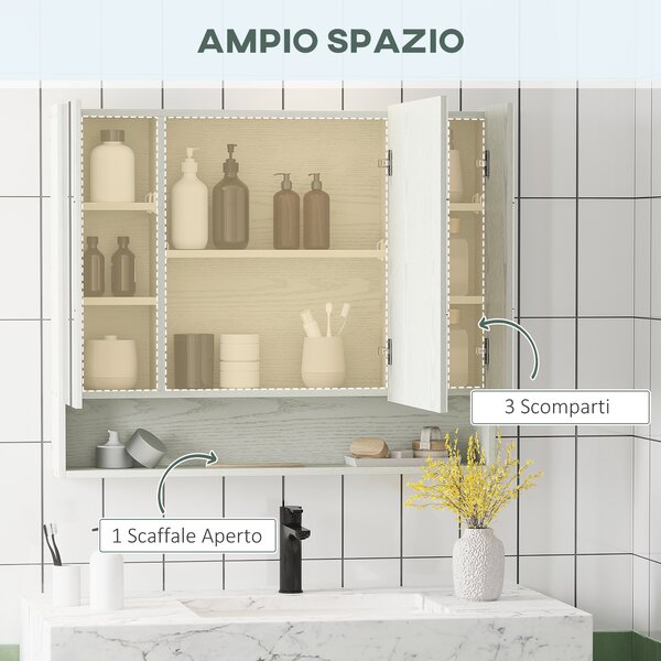Kleankin Armadietto Moderno da Bagno con Specchio a 4 Sezioni con Ripiani Regolabili, a Parete in Legno e Vetro, 90x15x75 cm, Grigio| Aosom Italy