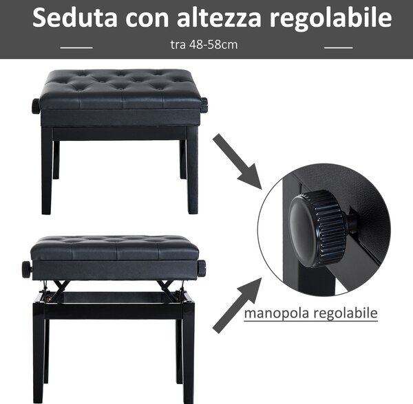 HOMCOM Sgabello per Pianoforte con Vano Contenitore e Altezza Regolabile, Nero|Aosom