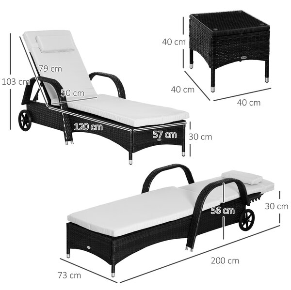 Outsunny Set 2 Lettino Sdraio da giardino Prendisole in Rattan con Materassino Imbottito e Tavolino, Nero|Aosom.it