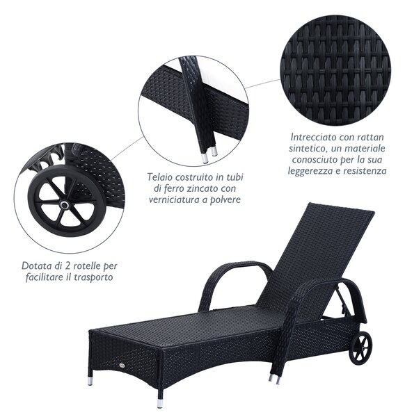 Outsunny Set 2 Lettino Sdraio da giardino Prendisole in Rattan con Materassino Imbottito e Tavolino, Nero|Aosom.it