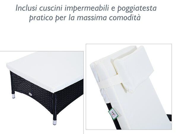 Outsunny Set 2 Lettino Sdraio da giardino Prendisole in Rattan con Materassino Imbottito e Tavolino, Nero|Aosom.it