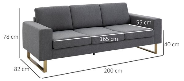 HOMCOM Divano a 3 Posti in Tessuto di Lino con Cuscini Smontabili e Lavabili, 200x82x78cm, Grigio Scuro | Aosom