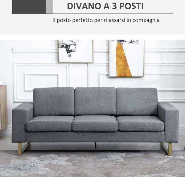 HOMCOM Divano a 3 Posti in Tessuto di Lino con Cuscini Smontabili e Lavabili, 200x82x78cm, Grigio Scuro | Aosom
