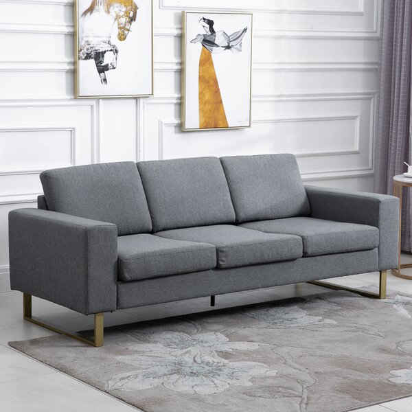 HOMCOM Divano a 3 Posti in Tessuto di Lino con Cuscini Smontabili e Lavabili, 200x82x78cm, Grigio Scuro | Aosom