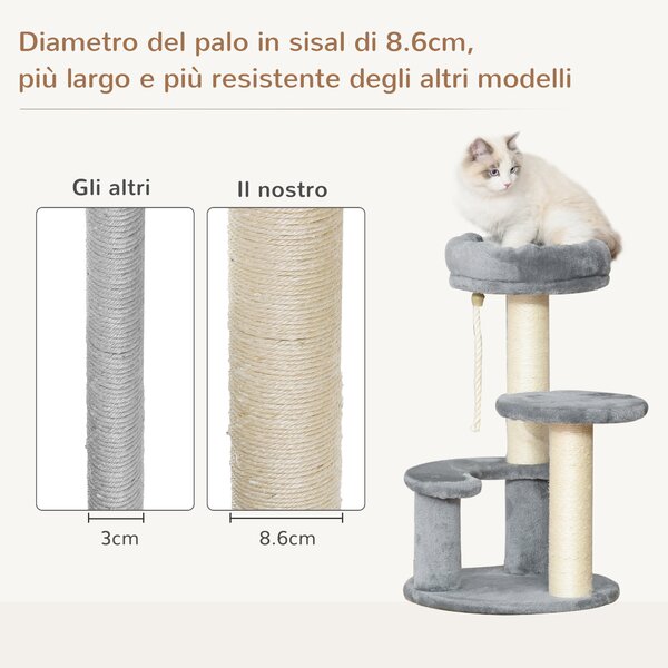 PawHut Albero Tiragraffi per Gatto a 3 Livelli in Peluche Sisal Naturale Grigio Diametro 40x65cm|Aosom