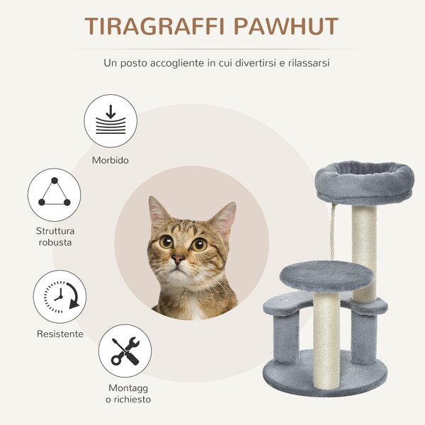 PawHut Albero Tiragraffi per Gatto a 3 Livelli in Peluche Sisal Naturale Grigio Diametro 40x65cm|Aosom