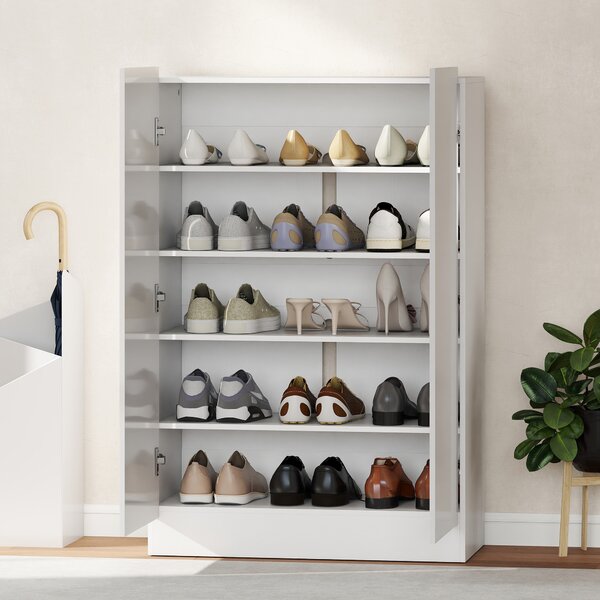 HOMCOM Scarpiera per Ingresso con 2 Porte, Chiusura Soft e Ripiani Regolabili per 20 Paia di Scarpe, Bianco Lucido | Aosom Italy