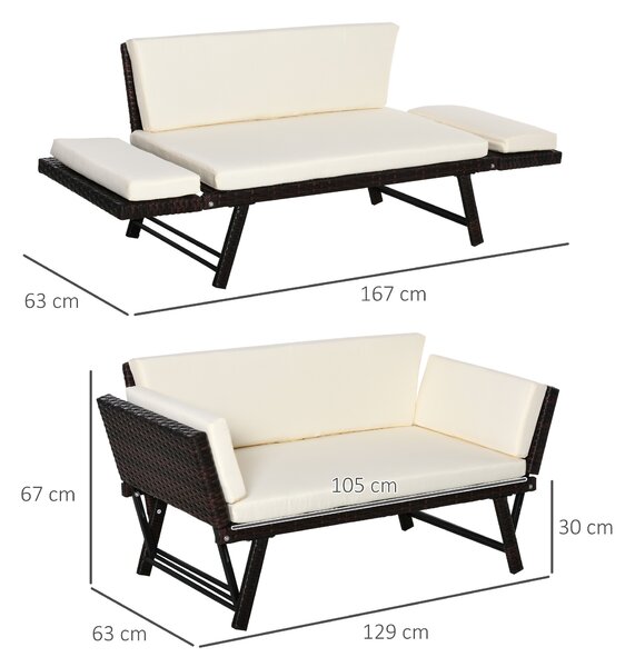 Outsunny Divano 2 Posti da Giardino in Rattan Bianco e Marrone, con Braccioli Estensibili, 129x63x67cm, Confortevole|Aosom