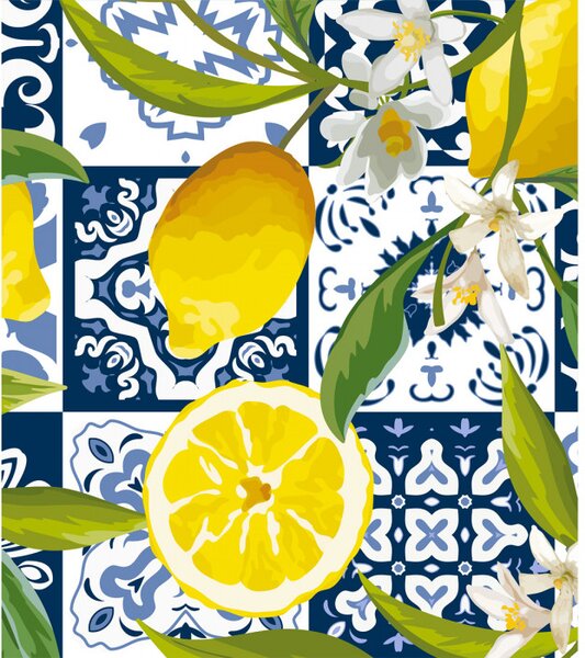Tappeto arredo pvc effetto maioliche di Vietri con limoni Blu 50x98