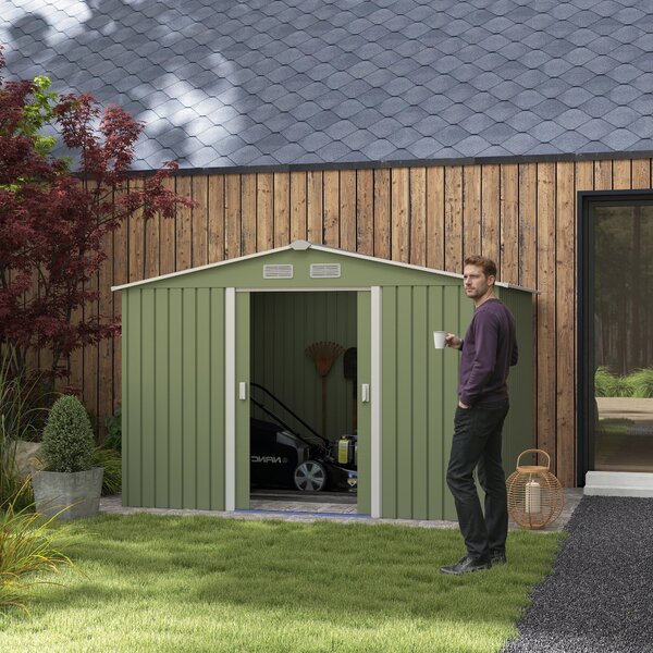 Outsunny Casetta Attrezzi Giardino in Acciaio con 2 Porte Scorrevoli e 4 Prese d'Aria, Capanno da Giardino, 277x195x192cm, Verde Chiaro | Aosom Italy