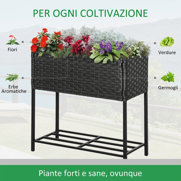Outsunny Giardino Rialzato, Fioriera Effetto Vimini con Ripiano, Esterni e Interni, Grigio (70cm x 30cm x 72cm)