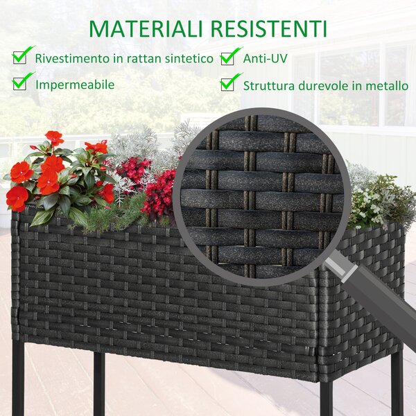 Outsunny Giardino Rialzato, Fioriera Effetto Vimini con Ripiano, Esterni e Interni, Grigio (70cm x 30cm x 72cm)