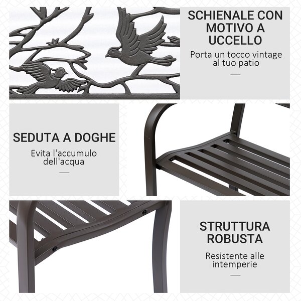 Outsunny Panchina da Giardino in Acciaio e Ghisa, Impermeabile, Marrone, Decorazioni Naturali, 127x60cm - Confort Esterno|Aosom