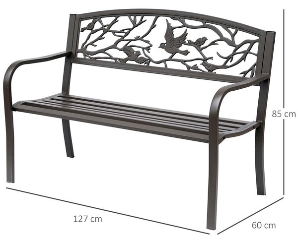 Outsunny Panchina da Giardino in Acciaio e Ghisa, Impermeabile, Marrone, Decorazioni Naturali, 127x60cm - Confort Esterno|Aosom