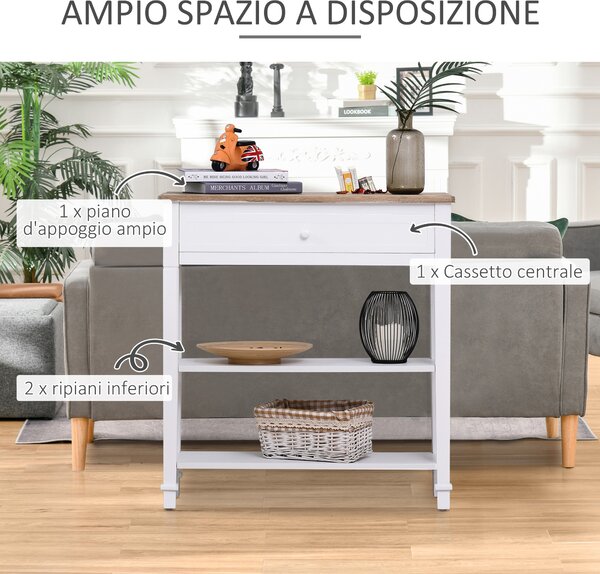 HOMCOM Tavolo Moderna per Ingresso con lato scrivania e ripiani a 2 piani, consolle con cassetto per ingresso camera, in Pino e MDF, bianco|Aosom Italy