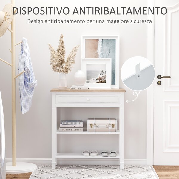 HOMCOM Tavolo Moderna per Ingresso con lato scrivania e ripiani a 2 piani, consolle con cassetto per ingresso camera, in Pino e MDF, bianco|Aosom Italy