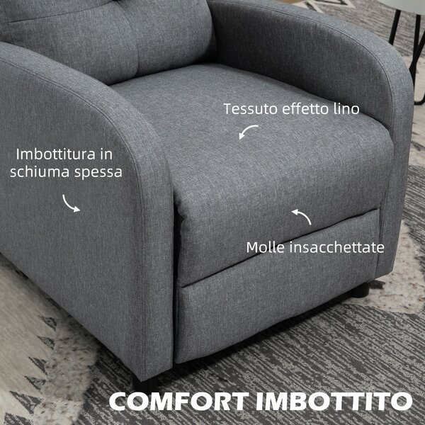 HOMCOM Poltrona Reclinabile 155° max in Tessuto Effetto Lino Grigio con Poggiapiedi, 67x87x98 cm | Aosom Italy