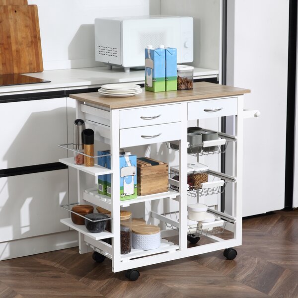 HOMCOM Carrello Cucina salvaspazio. Carrello Portafrutta bianco: 3 cassetti, 3 cestelli, 2 portaspezie, 2 ripianie e 4 ruote, 92 x 37 x 82cm|Aosom