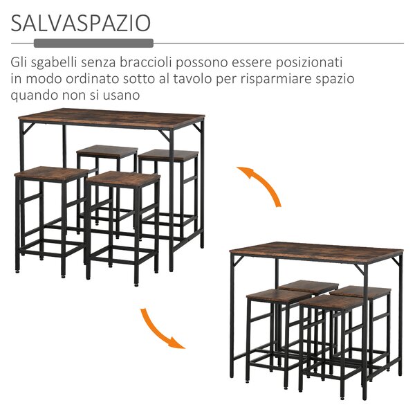 HOMCOM Set Tavolo Alto con 4 Sgabelli Stile Industriale in Metallo e Legno, Arredamento Moderno Soggiorno e Cucina, Marrone Rustico|Aosom