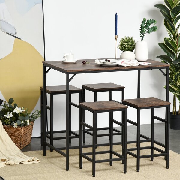 HOMCOM Set Tavolo Alto con 4 Sgabelli Stile Industriale in Metallo e Legno, Arredamento Moderno Soggiorno e Cucina, Marrone Rustico|Aosom
