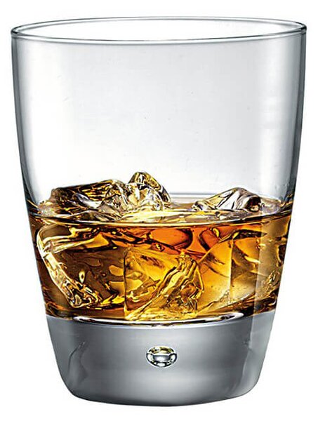Originali bicchieri whisky in vetro soffiato trasparente con una caratteristica bolla d\'aria sospesa sul fondo. Una scelta di stile
