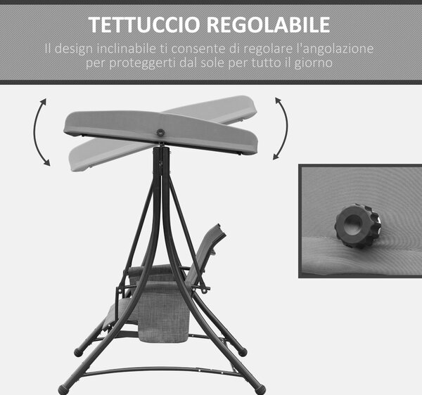 Outsunny Dondolo da Giardino Robusto 3 Posti con Tettuccio Regolabile e Tasche, Dondolo da Esterno in Texteline e Metallo, Grigio Scuro | Aosom Italy