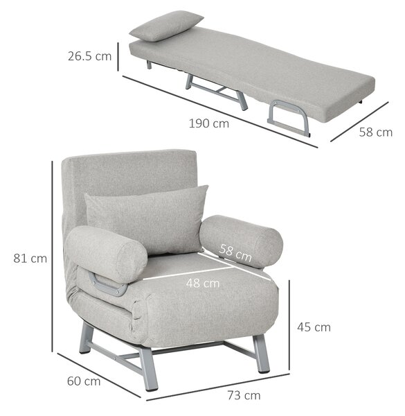 HOMCOM Poltrone Sofa Divano Letto con Schienale Reclinabile Regolabile con Cuscino Extra, Tessuto e Metallo, 73x60x81cm, Grigio