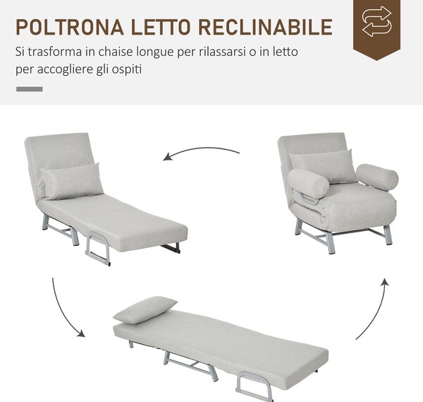 HOMCOM Poltrone Sofa Divano Letto con Schienale Reclinabile Regolabile con Cuscino Extra, Tessuto e Metallo, 73x60x81cm, Grigio