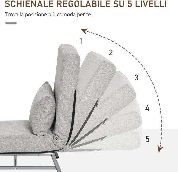 HOMCOM Poltrone Sofa Divano Letto con Schienale Reclinabile Regolabile con Cuscino Extra, Tessuto e Metallo, 73x60x81cm, Grigio