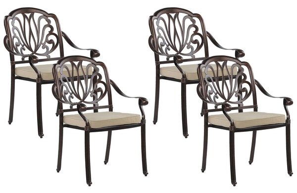 Set di 4 sedie da pranzo da giardino in alluminio marrone con cuscini da esterno vintage Beliani
