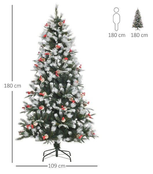 HOMCOM Albero di Natale Innevato 180cm con Bacche Rosse e Pigne Bianche, Base Rimovibile Pieghevole, 678 Rami, Verde|Aosom