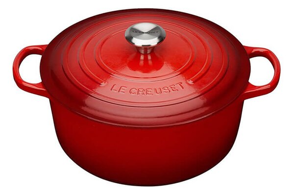 Cocotte in enamel cast red cherry lt 4,2, internal and external surface resistant to wear, easy to clean, suitable for all sources of heat, cooking always perfect, healthy, diet, natural, nickel free, dishwasher safe, lifetime warranty