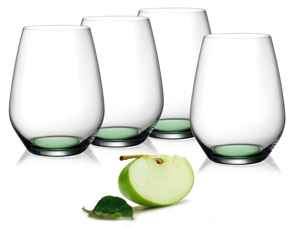 Bicchiere in splendido cristallo con un raffinato tocco di colore sul fondo verde trasparente. Piacevoli e divertenti, semplicemente fantastici sulla tua tavola, nelle tue mani, fra le tue labbra