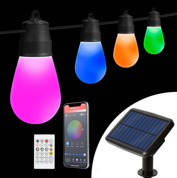 Catena solare a LED RGBIC 15 LED, 1,3 W, 3,7 V, batteria 2200 mAh, 8 m, IP65, nero + telecomando