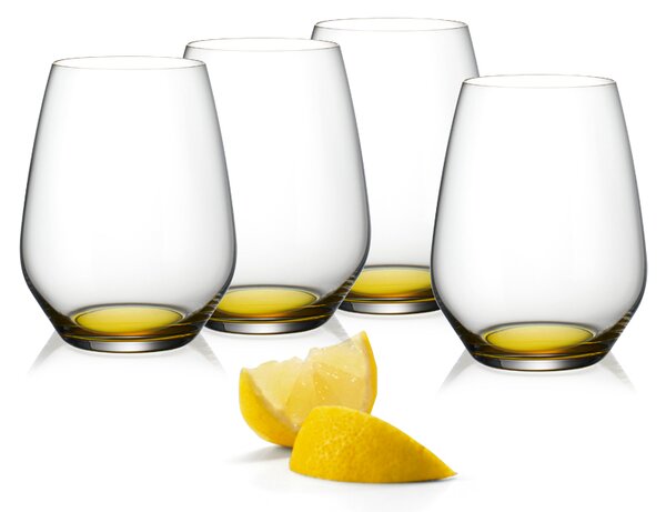 Bicchiere in splendido cristallo con un raffinato tocco di colore sul fondo giallo trasparente. Piacevoli e divertenti, semplicemente fantastici sulla tua tavola, nelle tue mani, fra le tue labbra