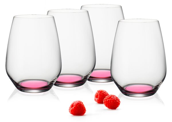 Bicchiere in splendido cristallo con un raffinato tocco di colore sul fondo rosa trasparente. Piacevoli e divertenti, semplicemente fantastici sulla tua tavola, nelle tue mani, fra le tue labbra